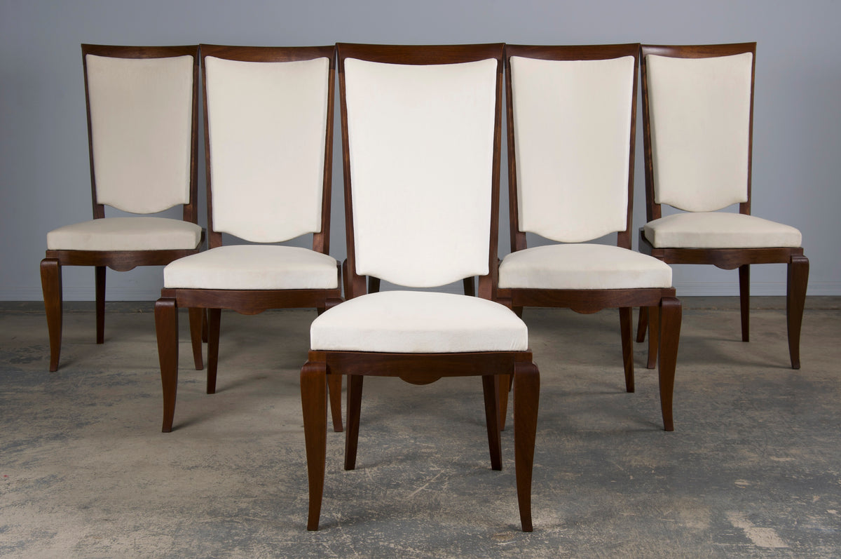 1920s French Art Deco Walnut Dining Chairs W/ Off-White Velvet - Set of 6