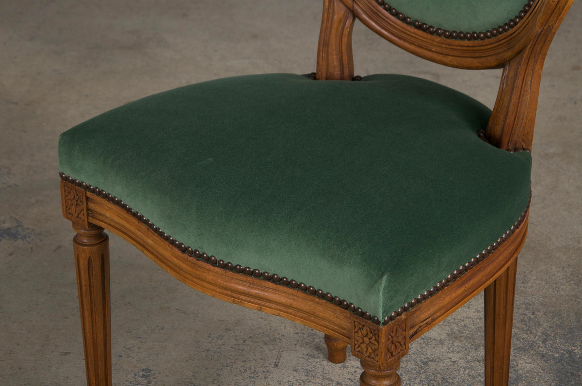 French Louis XVI Style Maple Dining Chairs W/ Green Velvet - Set of 6