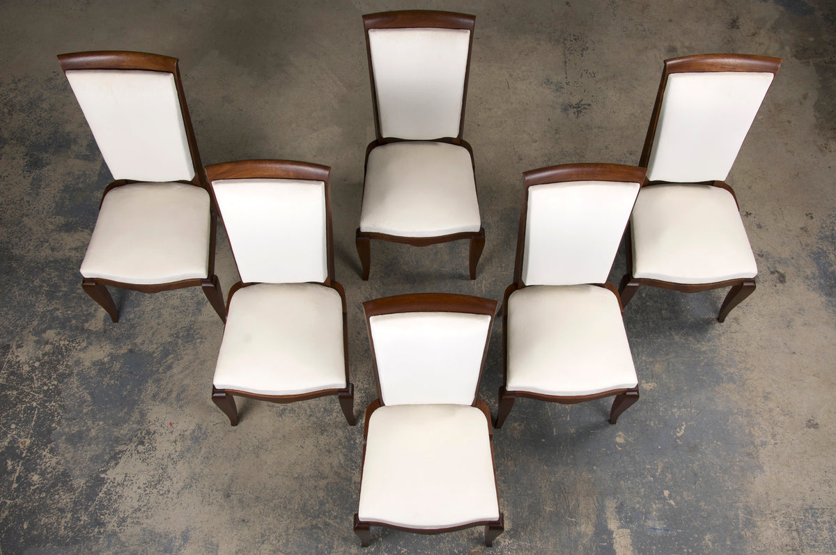 1920s French Art Deco Walnut Dining Chairs W/ Off-White Velvet - Set of 6