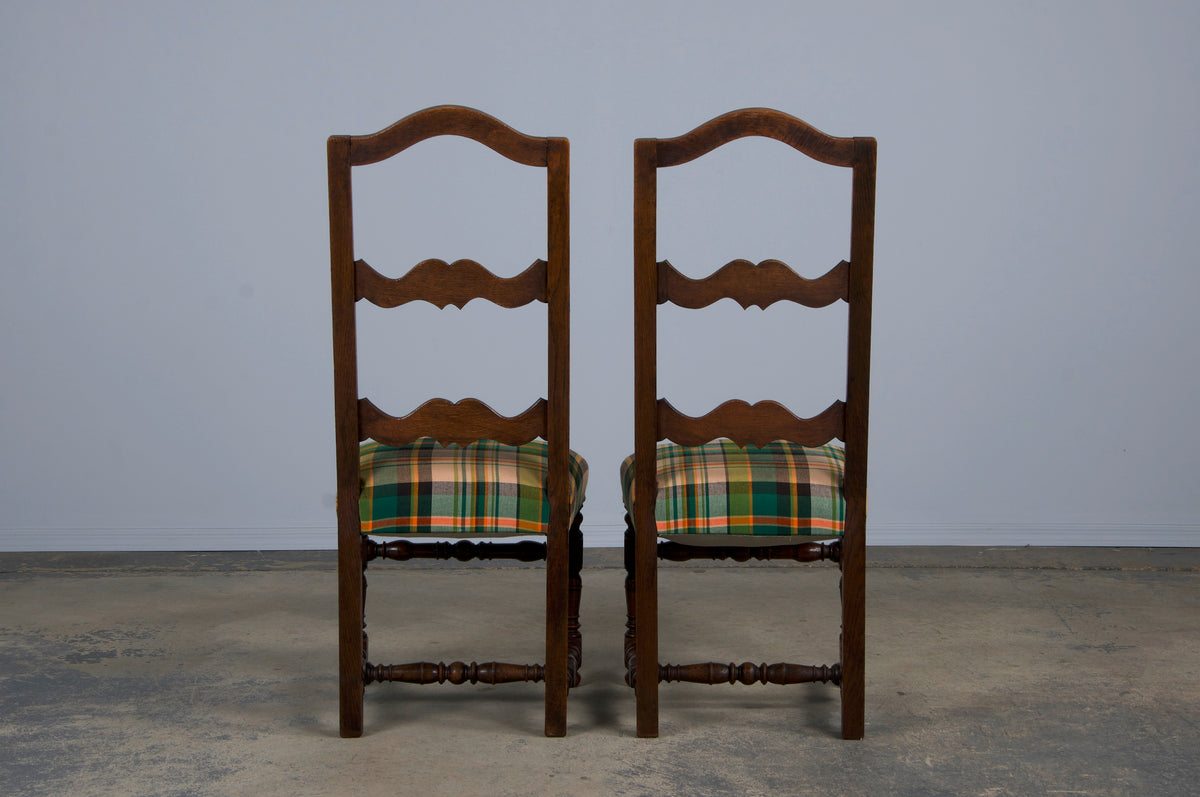 Antique French Louis XIII Style Oak Ladder Back Dining Chairs W/ Plaid Fabric - Set of 8