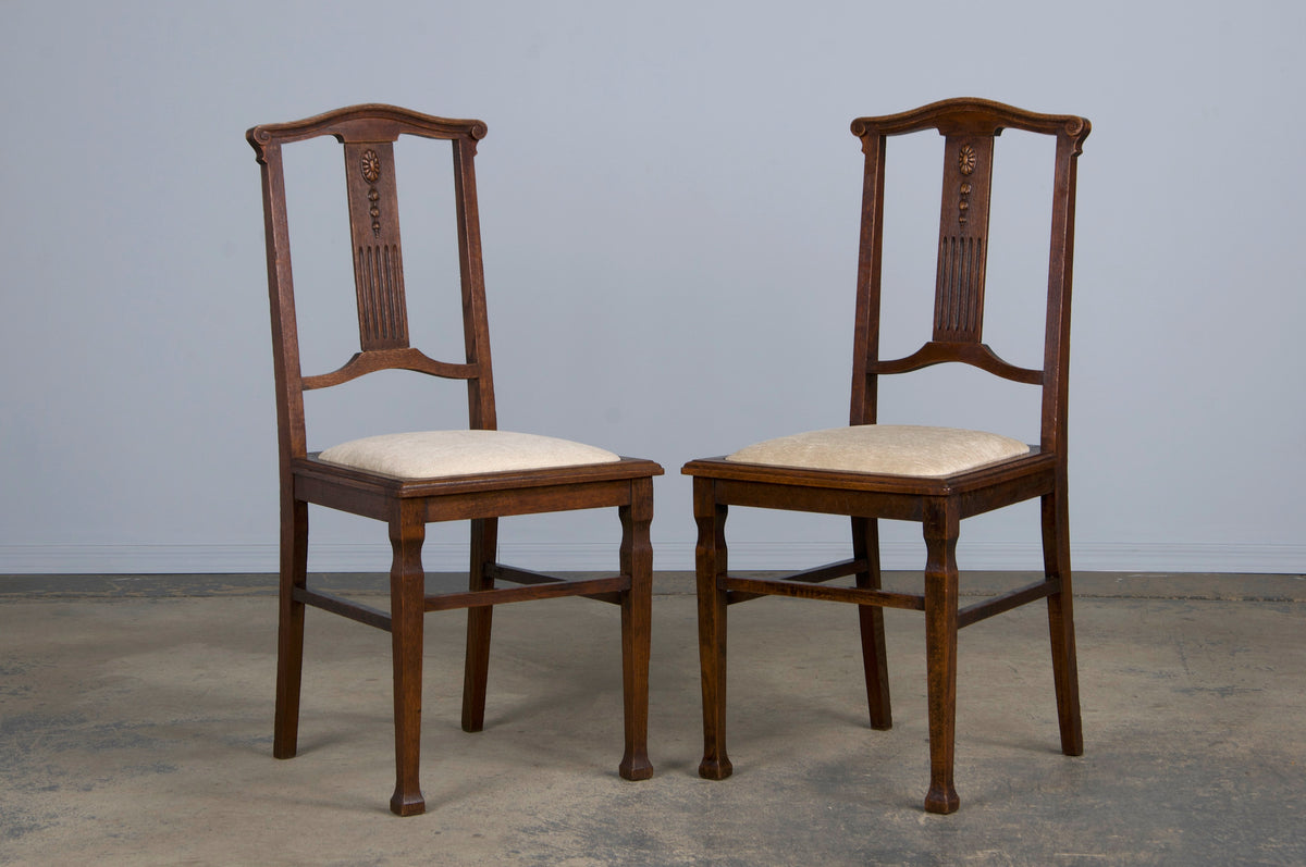 Antique French Art Nouveau Oak Dining Chairs W/ Beige Chenille - Set of 6