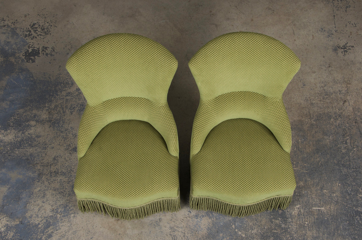 Antique French Napoleon III Style Slipper Chairs W/ Light Green Burnout Velvet - A Pair