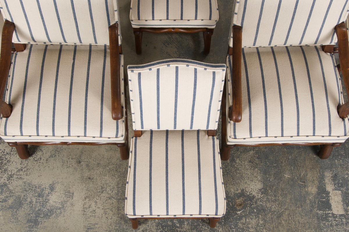 Antique French Louis XIII Style Os De Mouton Oak Dining Chairs in Striped Fabric - Set of 6