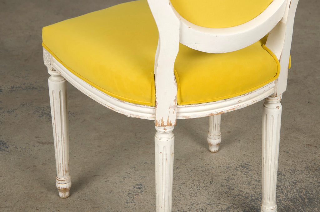 French Louis XVI Style Painted Side Chairs in Lemon Velvet - A Pair