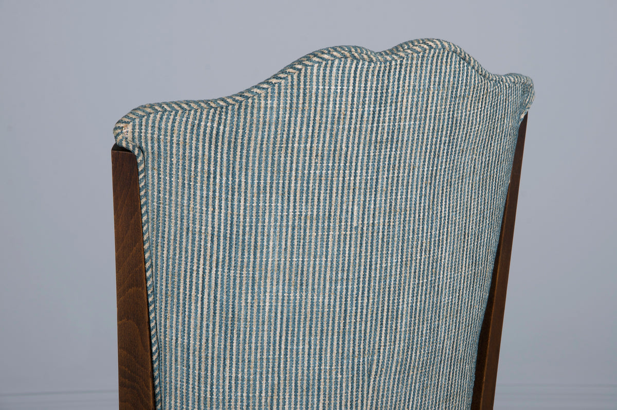 1920s French Art Deco Maple Dining Chairs W/ Striped Blue and White Chenille - Set of 6