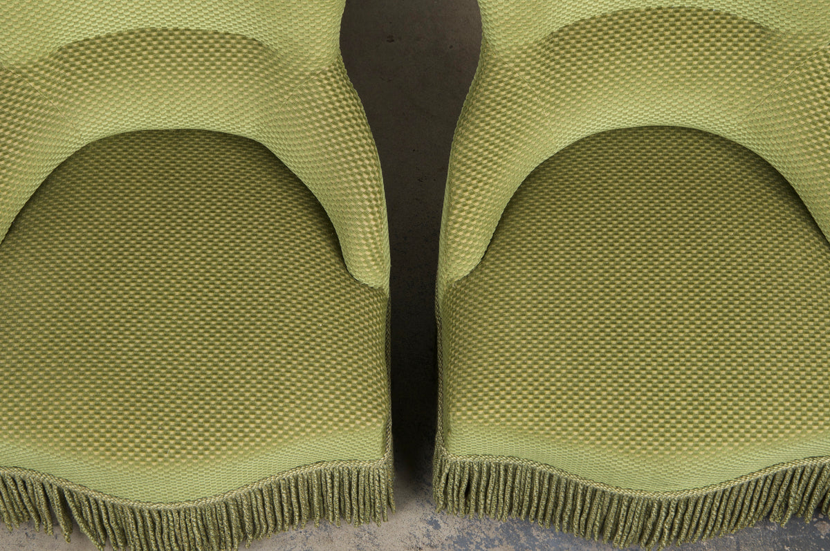 Antique French Napoleon III Style Slipper Chairs W/ Light Green Burnout Velvet - A Pair