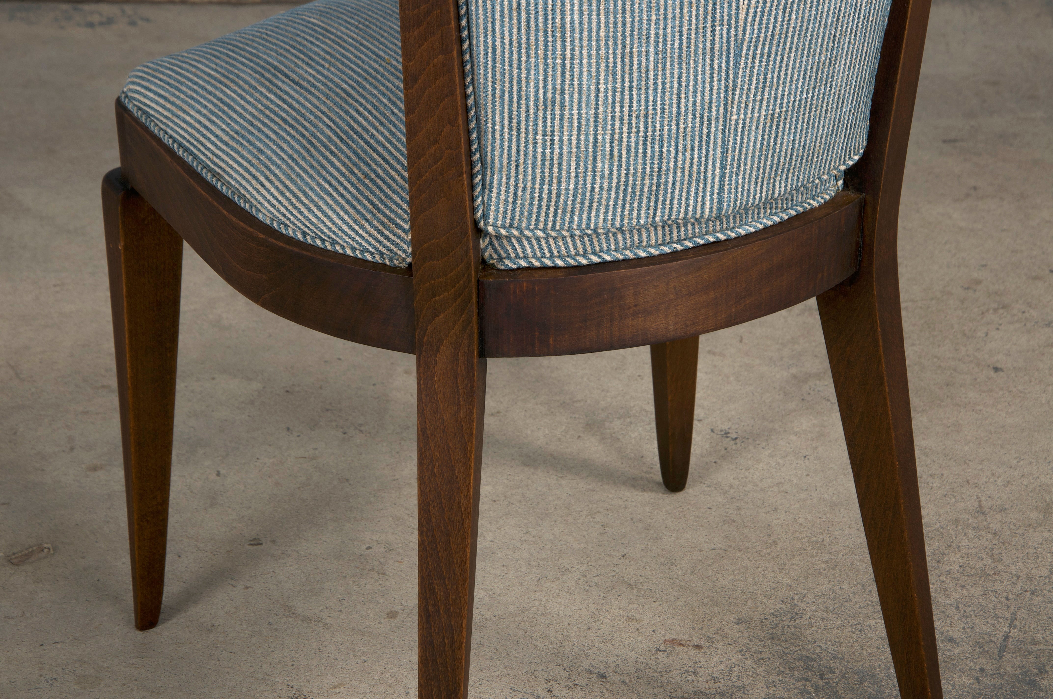 1920s French Art Deco Maple Dining Chairs W/ Striped Blue and White Chenille - Set of 6