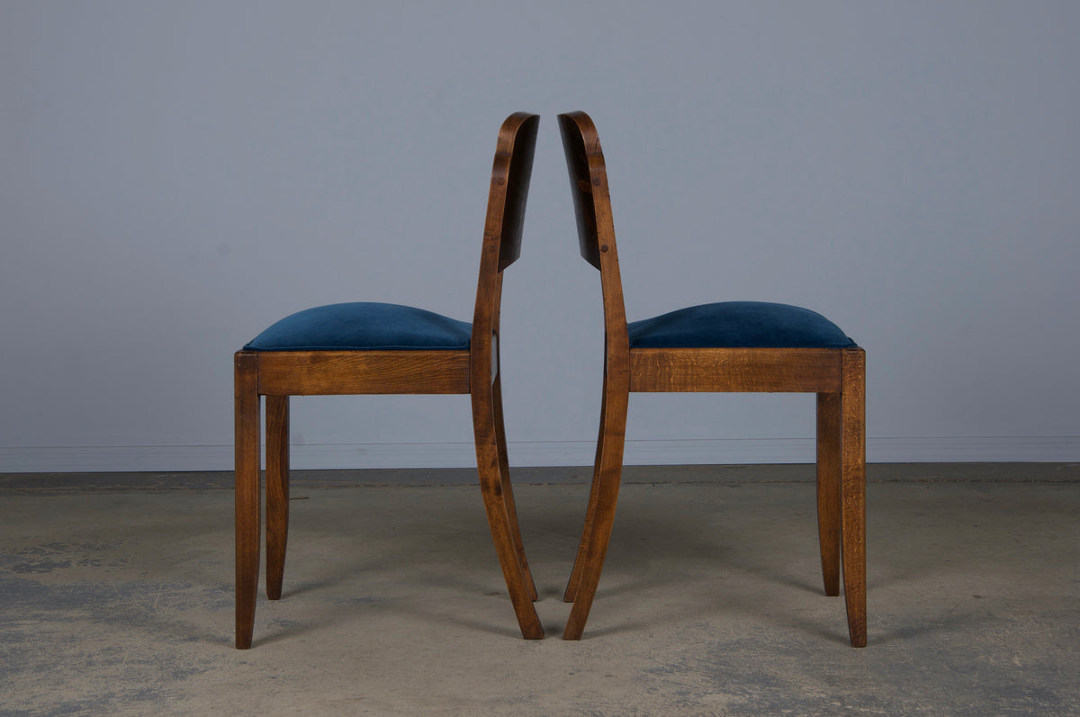 1950s French Art Deco Maple Dining Chairs W/ Dark Blue Velvet - Set of 6