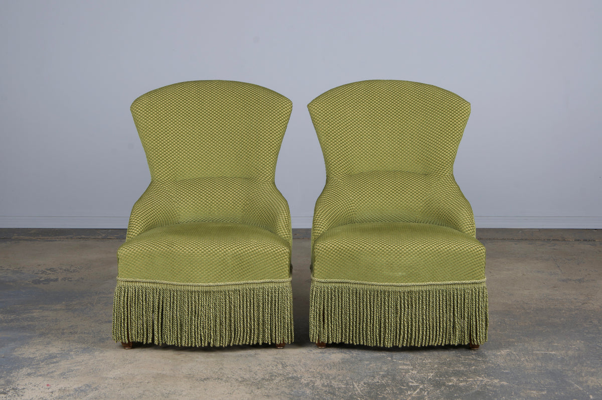 Antique French Napoleon III Style Slipper Chairs W/ Light Green Burnout Velvet - A Pair