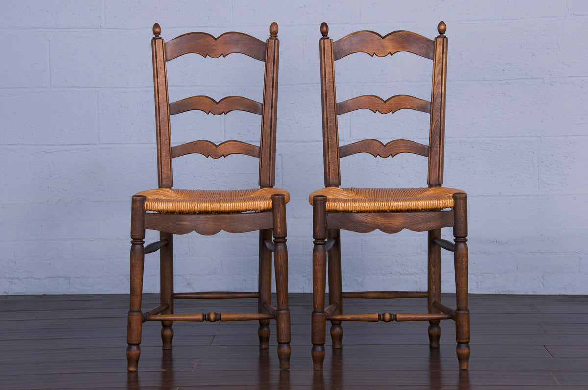 Antique Country French Provincial Ladder Back Maple Dining Chairs W/ Rush Seats - Set of 6