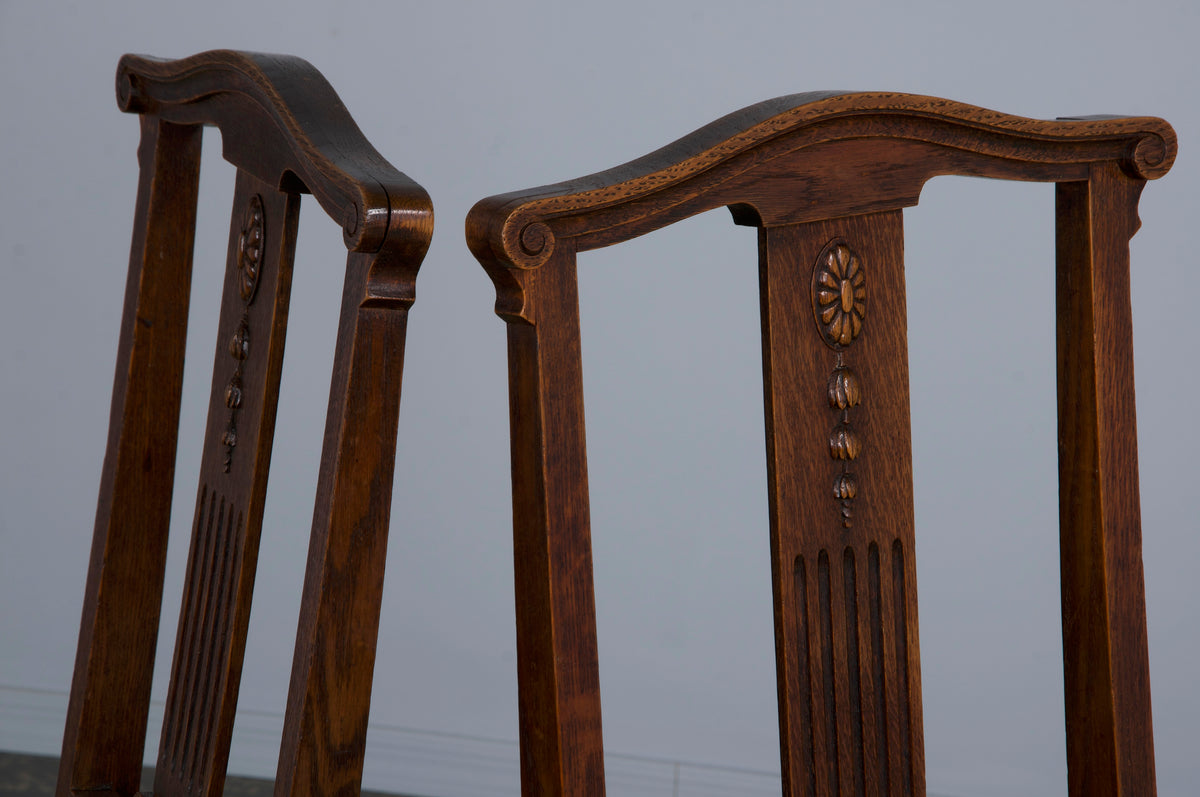 Antique French Art Nouveau Oak Dining Chairs W/ Beige Chenille - Set of 6