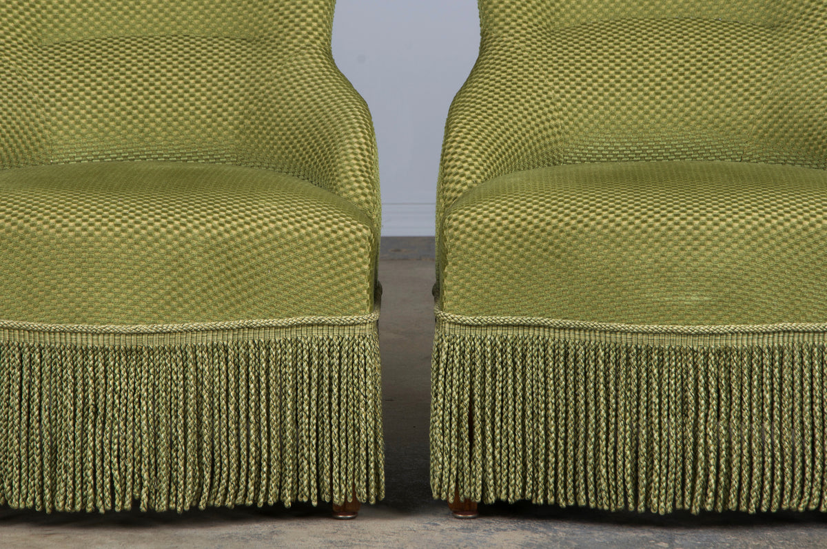 Antique French Napoleon III Style Slipper Chairs W/ Light Green Burnout Velvet - A Pair