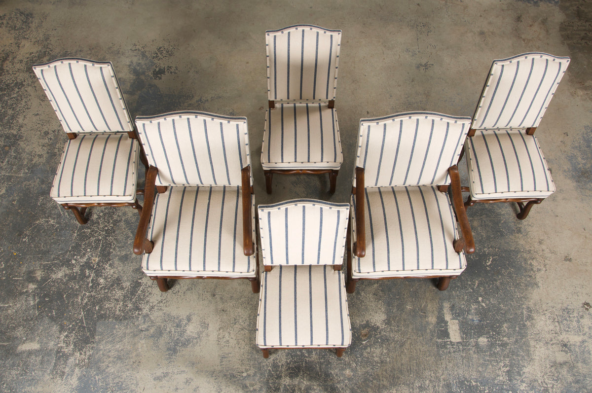 Antique French Louis XIII Style Os De Mouton Oak Dining Chairs in Striped Fabric - Set of 6