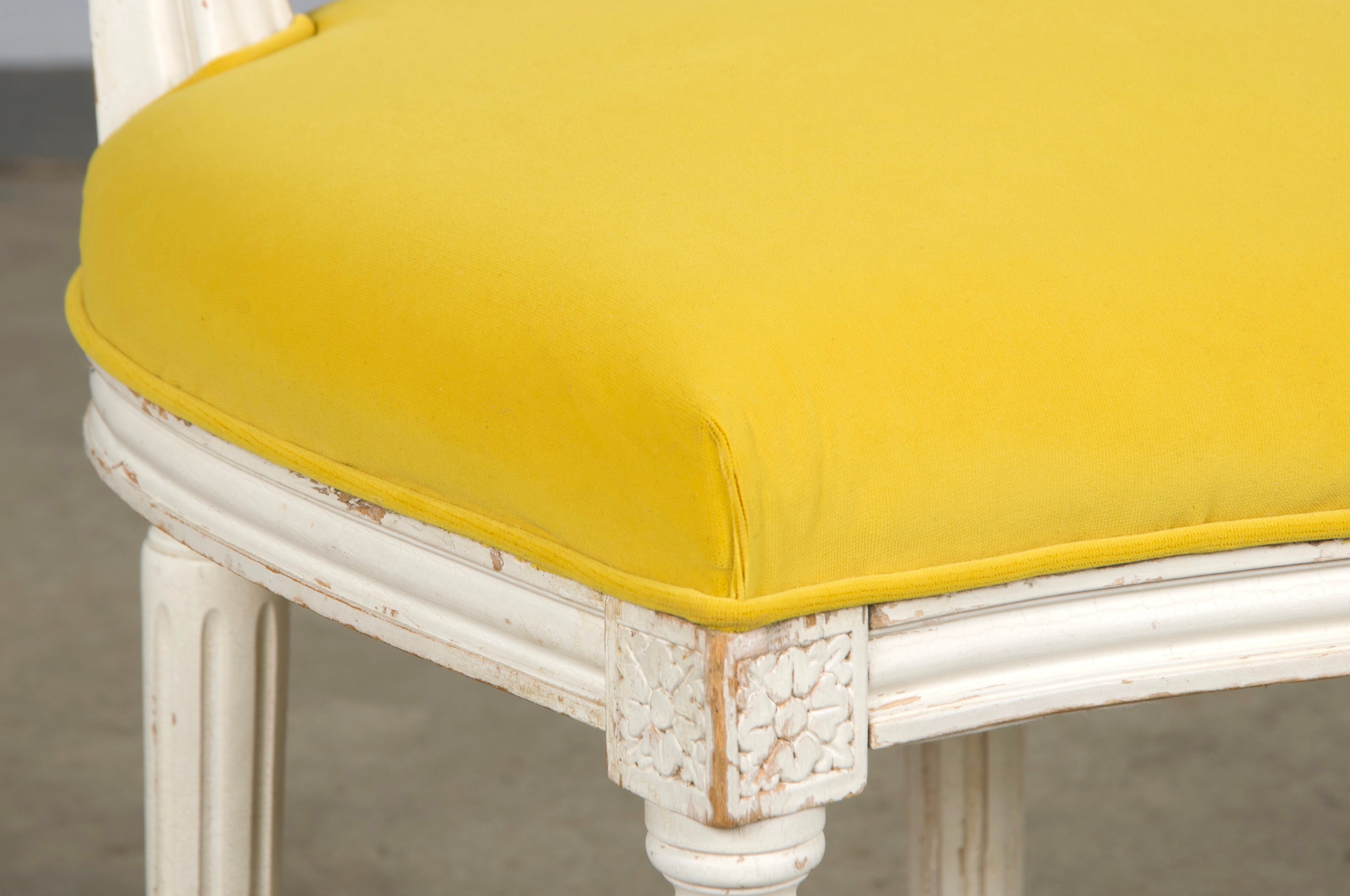 French Louis XVI Style Painted Side Chairs in Lemon Velvet - A Pair