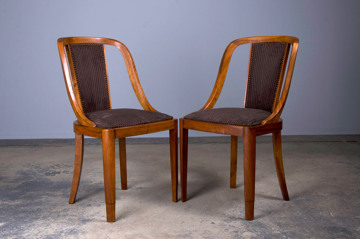 1930s French Art Deco Gondola Walnut Dining Chairs W/ Striped Brown Velvet - Set of 6