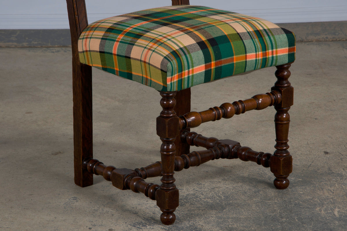 Antique French Louis XIII Style Oak Ladder Back Dining Chairs W/ Plaid Fabric - Set of 8