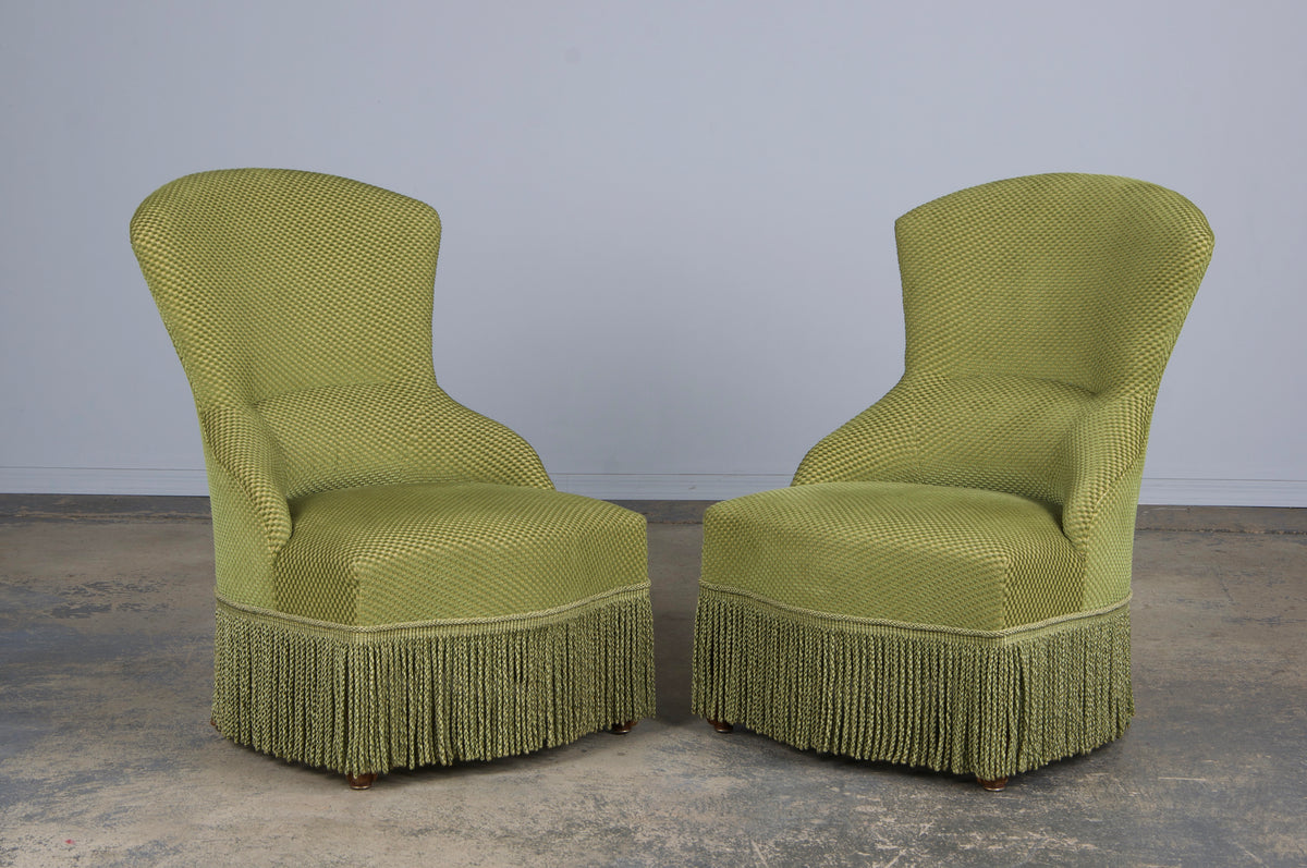 Antique French Napoleon III Style Slipper Chairs W/ Light Green Burnout Velvet - A Pair