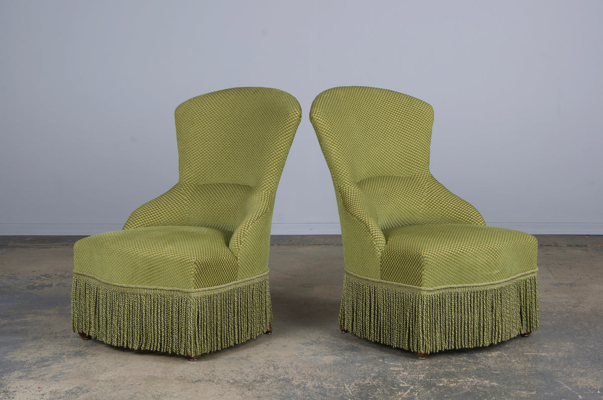 Antique French Napoleon III Style Slipper Chairs W/ Light Green Burnout Velvet - A Pair