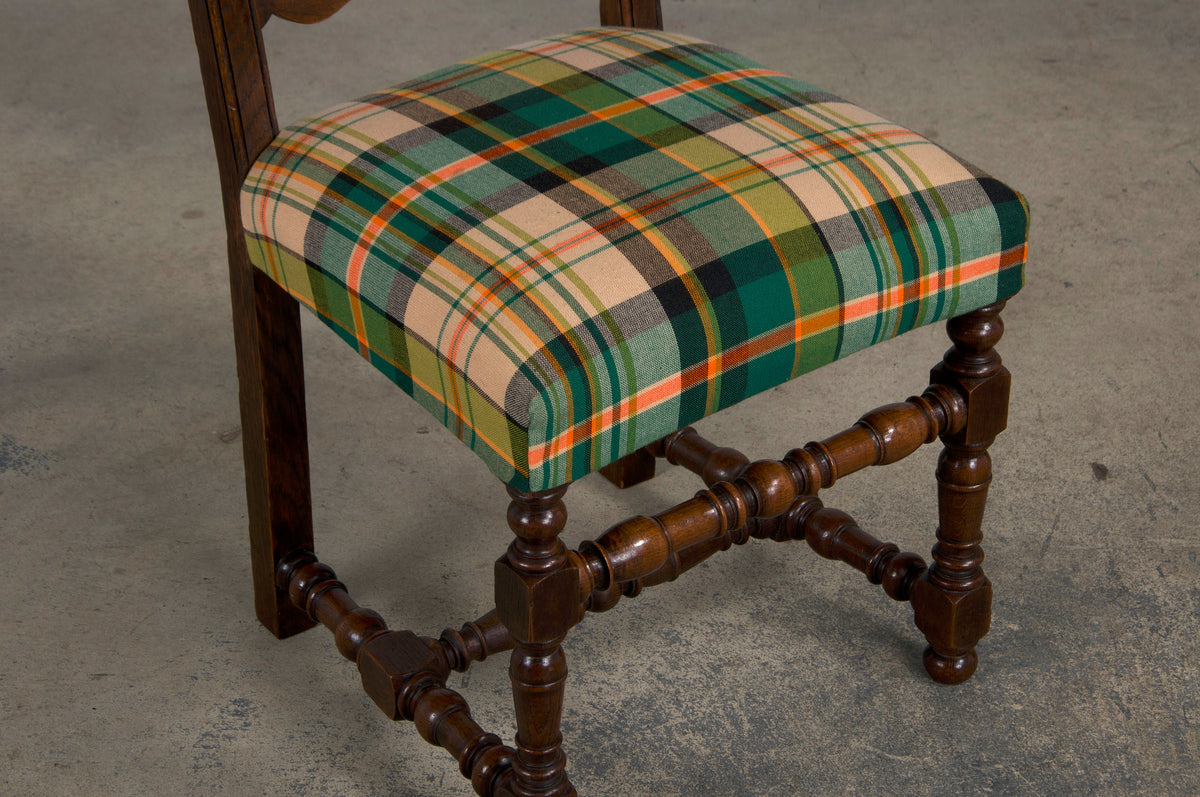 Antique French Louis XIII Style Oak Ladder Back Dining Chairs W/ Plaid Fabric - Set of 8