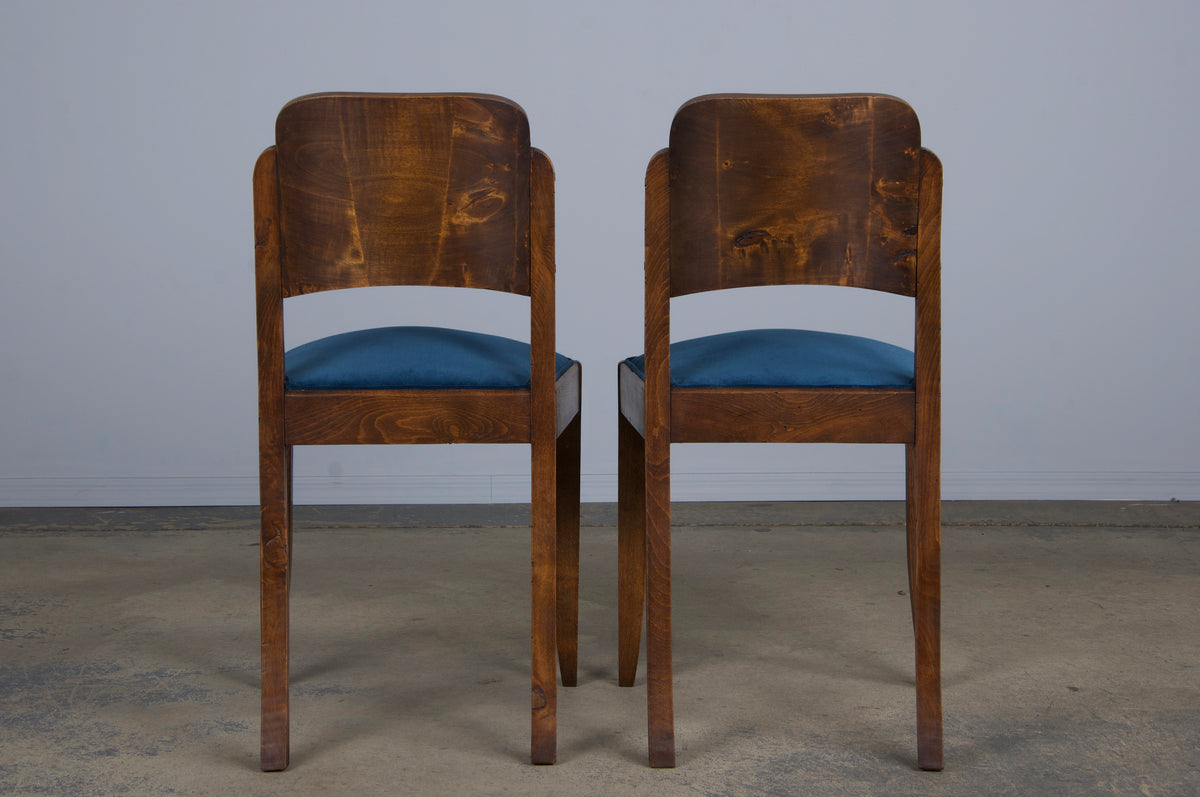 1950s French Art Deco Maple Dining Chairs W/ Dark Blue Velvet - Set of 6