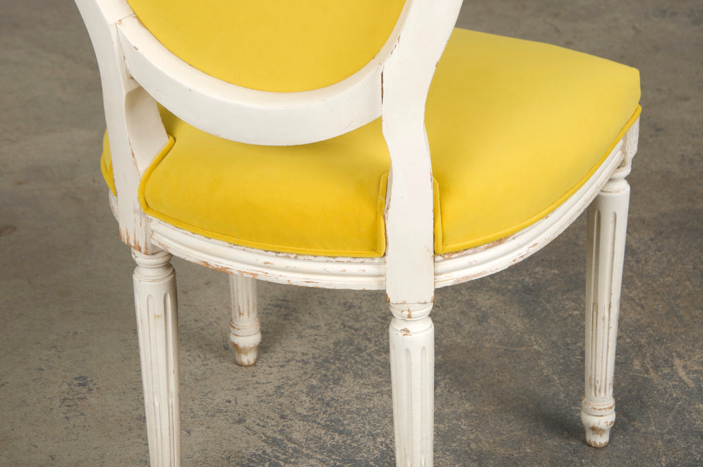 French Louis XVI Style Painted Side Chairs in Lemon Velvet - A Pair