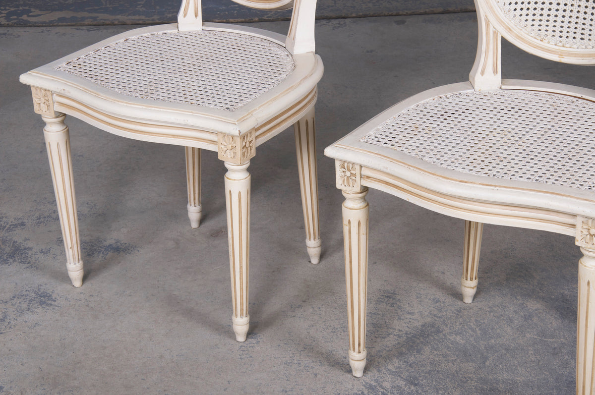 Antique French Louis XVI Style Painted Antique White Cane Dining Chairs - Set of 6