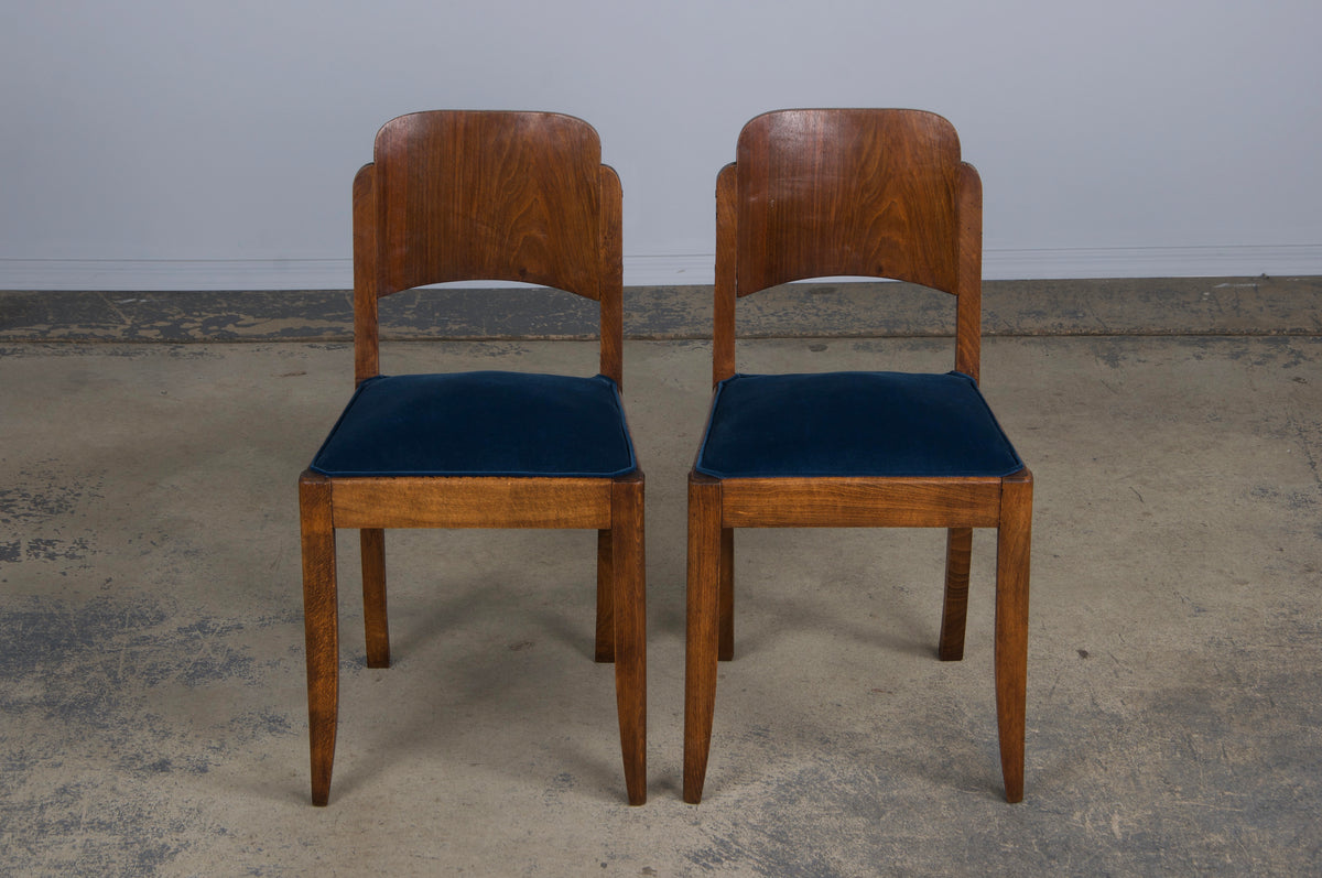 1950s French Art Deco Maple Dining Chairs W/ Dark Blue Velvet - Set of 6