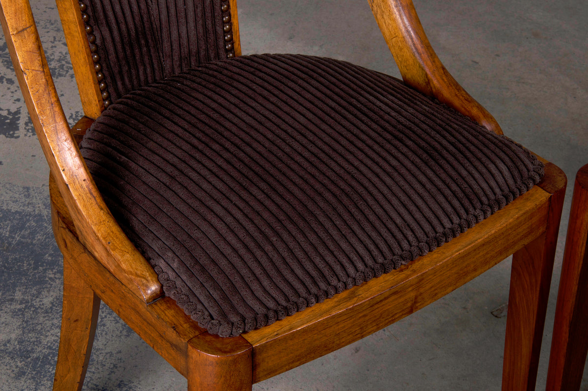 1930s French Art Deco Gondola Walnut Dining Chairs W/ Striped Brown Velvet - Set of 6