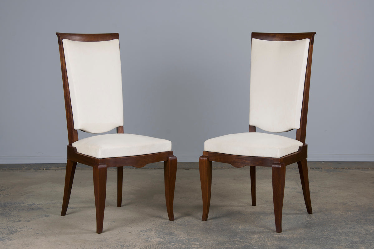 1920s French Art Deco Walnut Dining Chairs W/ Off-White Velvet - Set of 6