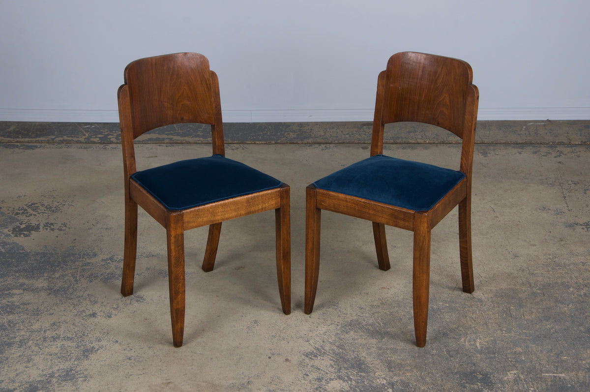 1950s French Art Deco Maple Dining Chairs W/ Dark Blue Velvet - Set of 6