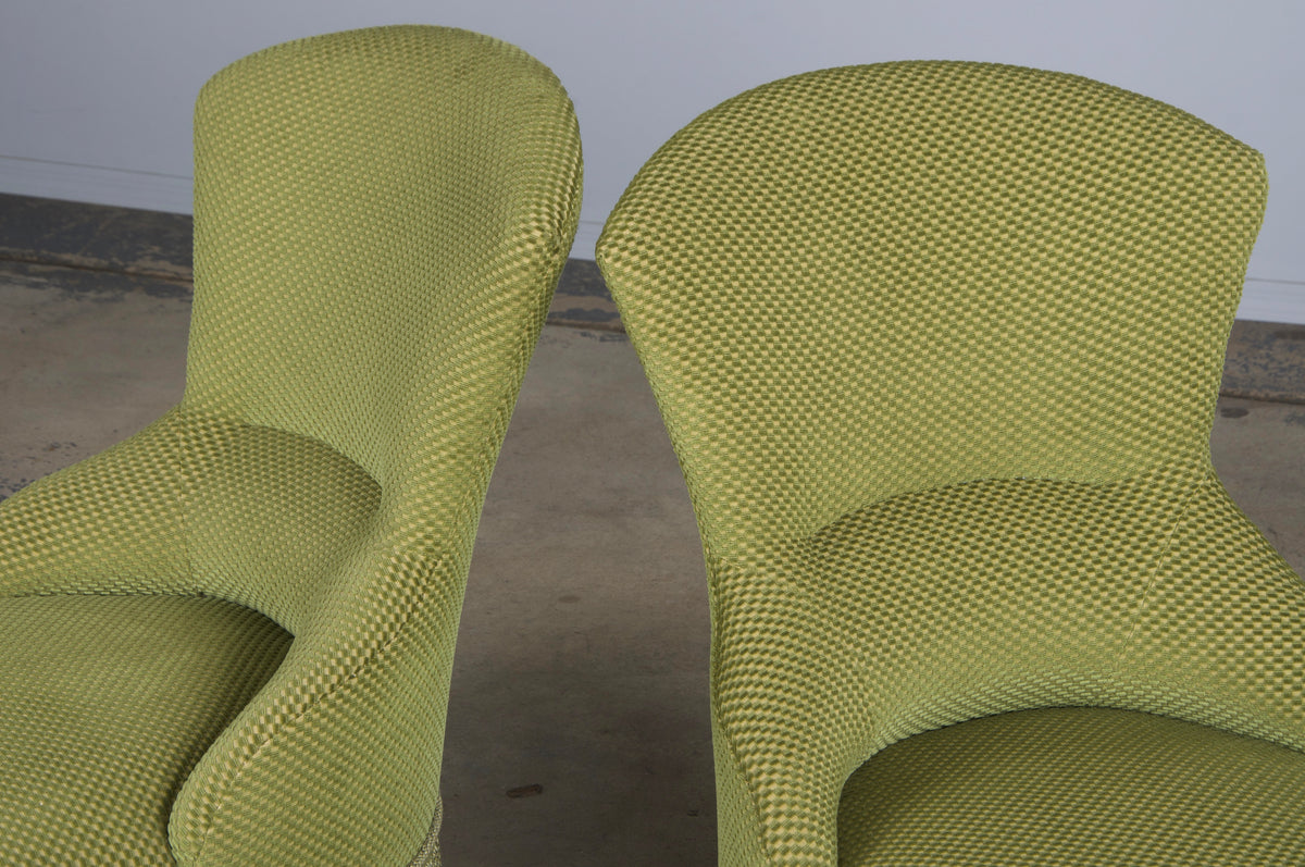 Antique French Napoleon III Style Slipper Chairs W/ Light Green Burnout Velvet - A Pair