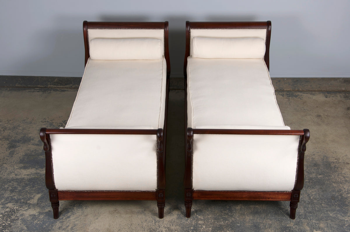 Antique French Empire Swan Neck Mahogany Daybeds W/ Cream Woven Fabric - A Pair