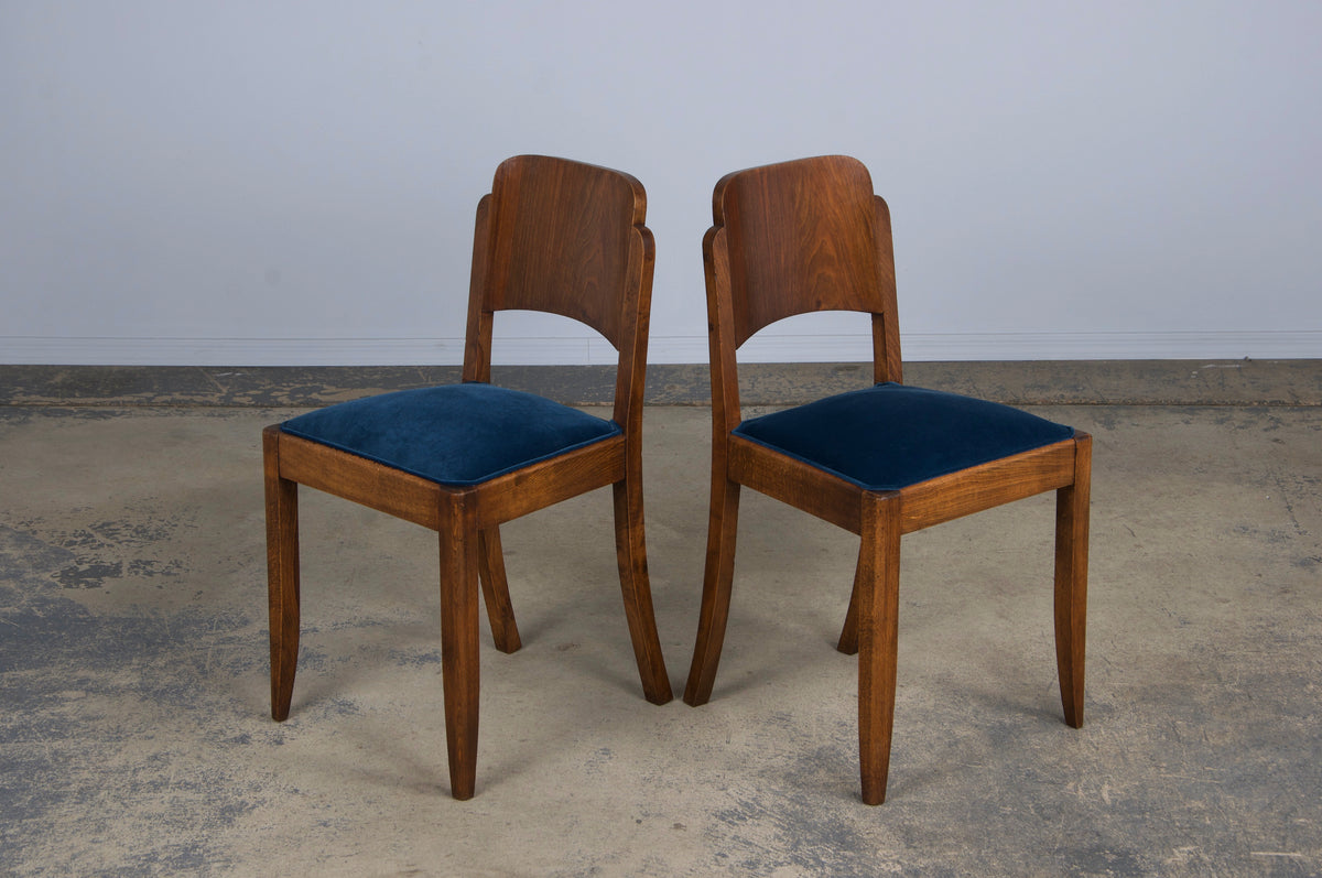 1950s French Art Deco Maple Dining Chairs W/ Dark Blue Velvet - Set of 6