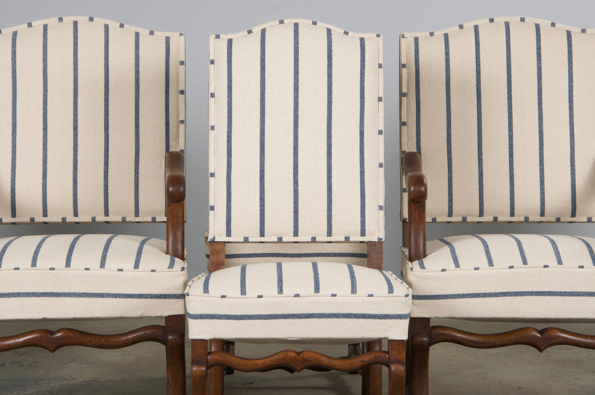Antique French Louis XIII Style Os De Mouton Oak Dining Chairs in Striped Fabric - Set of 6