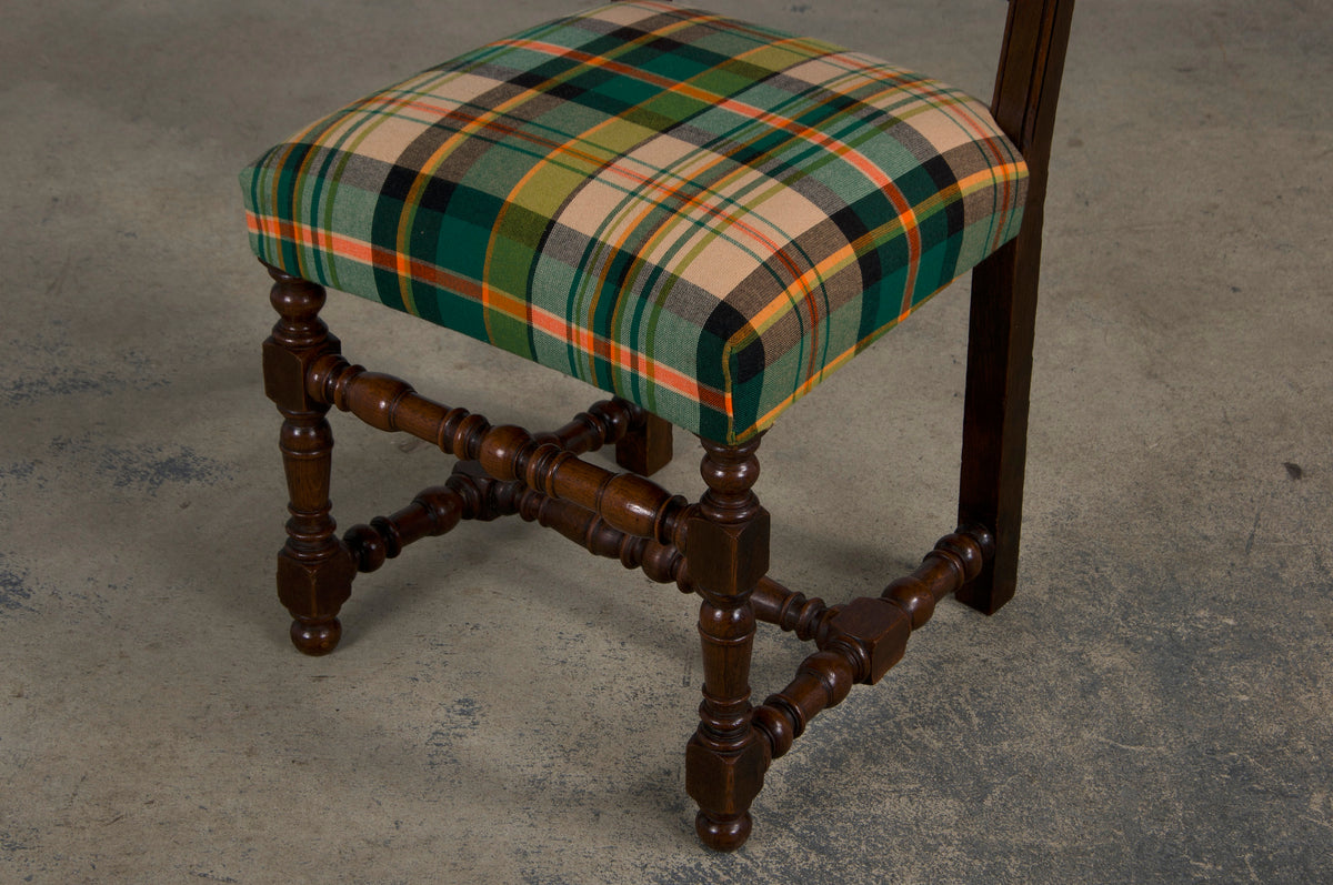 Antique French Louis XIII Style Oak Ladder Back Dining Chairs W/ Plaid Fabric - Set of 8