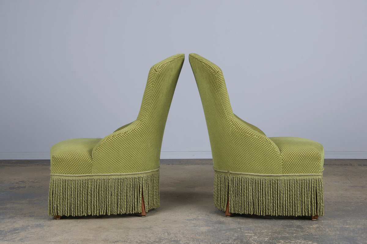 Antique French Napoleon III Style Slipper Chairs W/ Light Green Burnout Velvet - A Pair