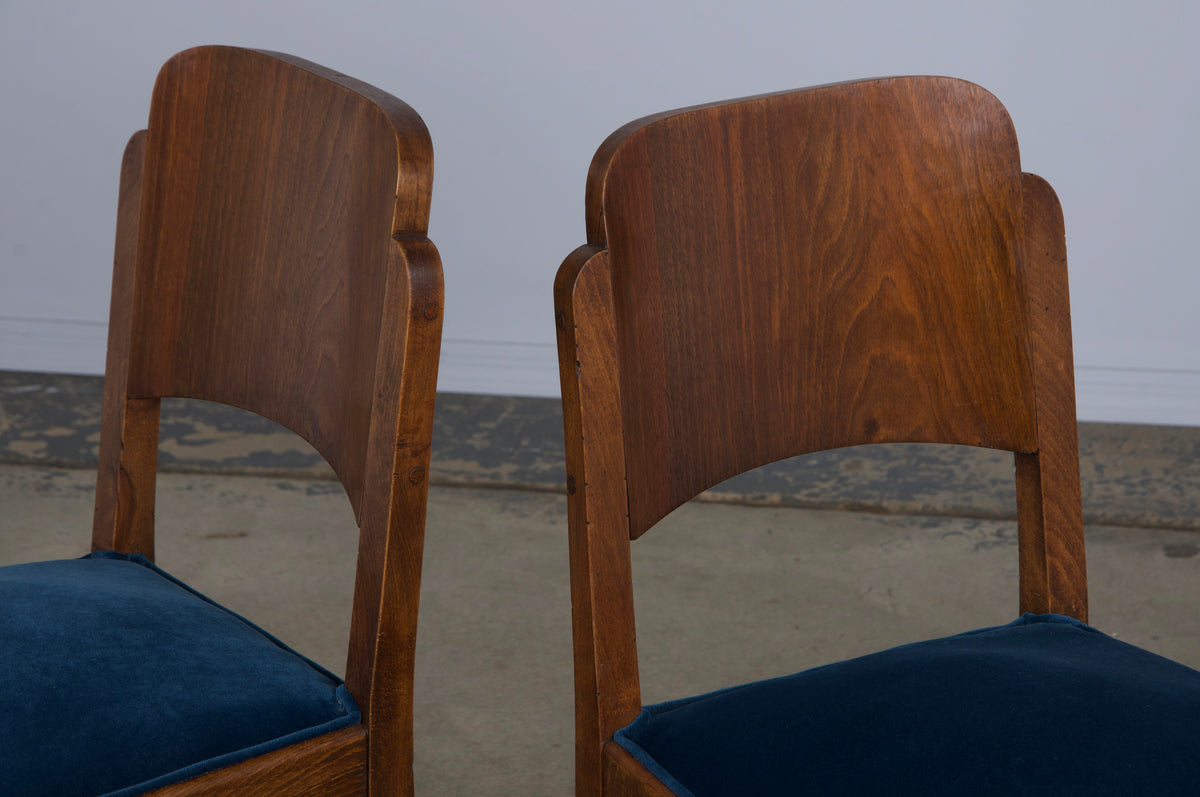 1950s French Art Deco Maple Dining Chairs W/ Dark Blue Velvet - Set of 6