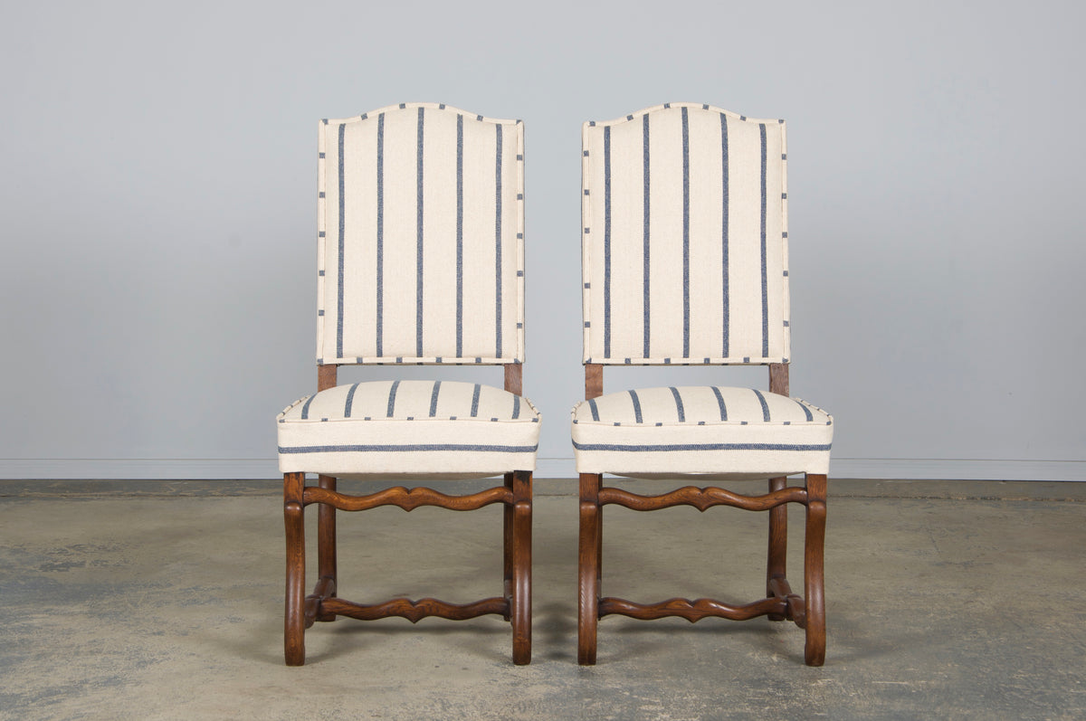 Antique French Louis XIII Style Os De Mouton Oak Dining Chairs in Striped Fabric - Set of 6