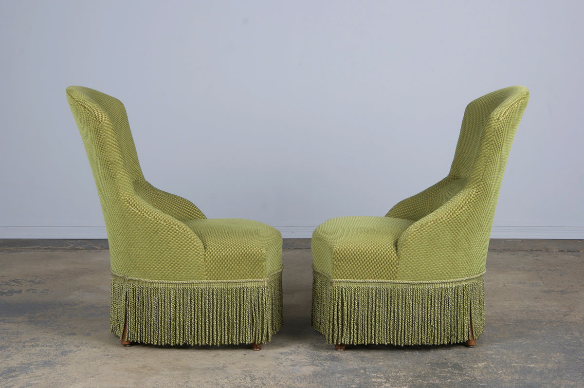 Antique French Napoleon III Style Slipper Chairs W/ Light Green Burnout Velvet - A Pair