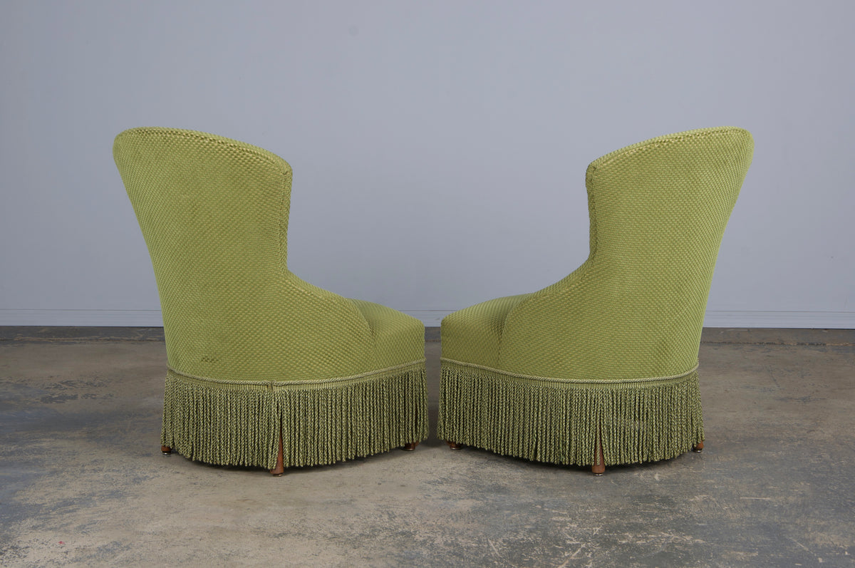 Antique French Napoleon III Style Slipper Chairs W/ Light Green Burnout Velvet - A Pair