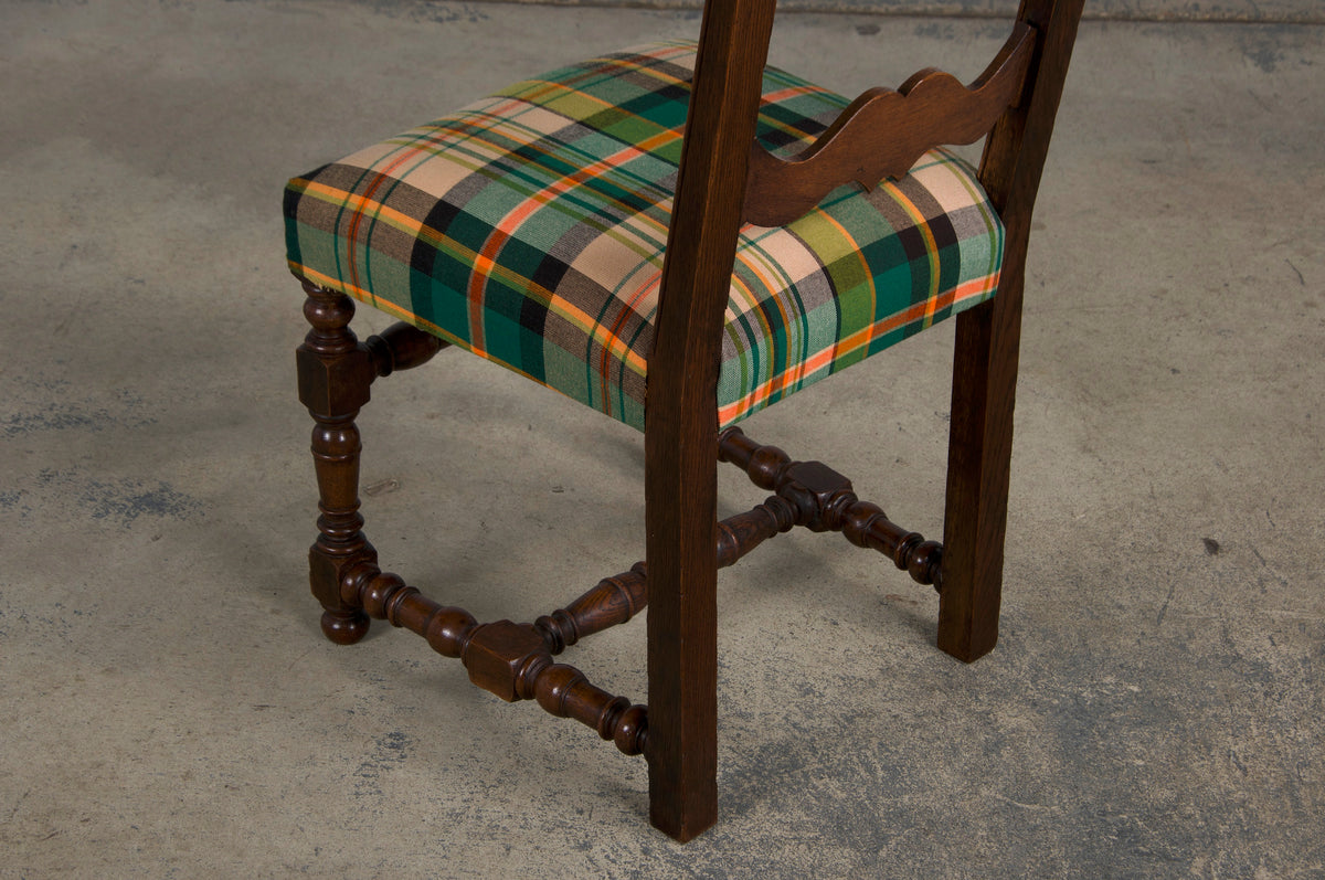 Antique French Louis XIII Style Oak Ladder Back Dining Chairs W/ Plaid Fabric - Set of 8