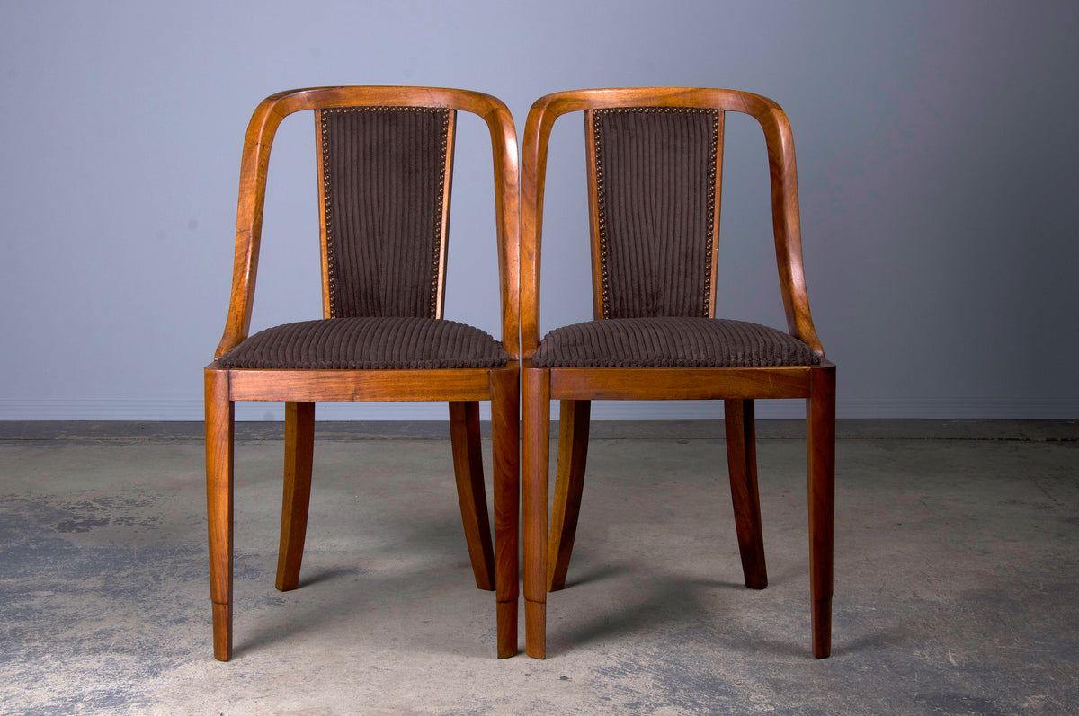 1930s French Art Deco Gondola Walnut Dining Chairs W/ Striped Brown Velvet - Set of 6