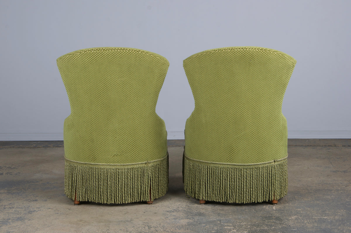 Antique French Napoleon III Style Slipper Chairs W/ Light Green Burnout Velvet - A Pair