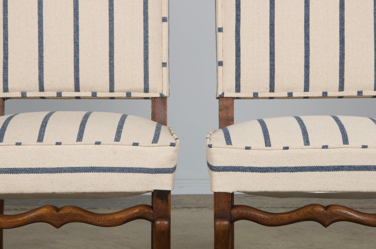 Antique French Louis XIII Style Os De Mouton Oak Dining Chairs in Striped Fabric - Set of 6