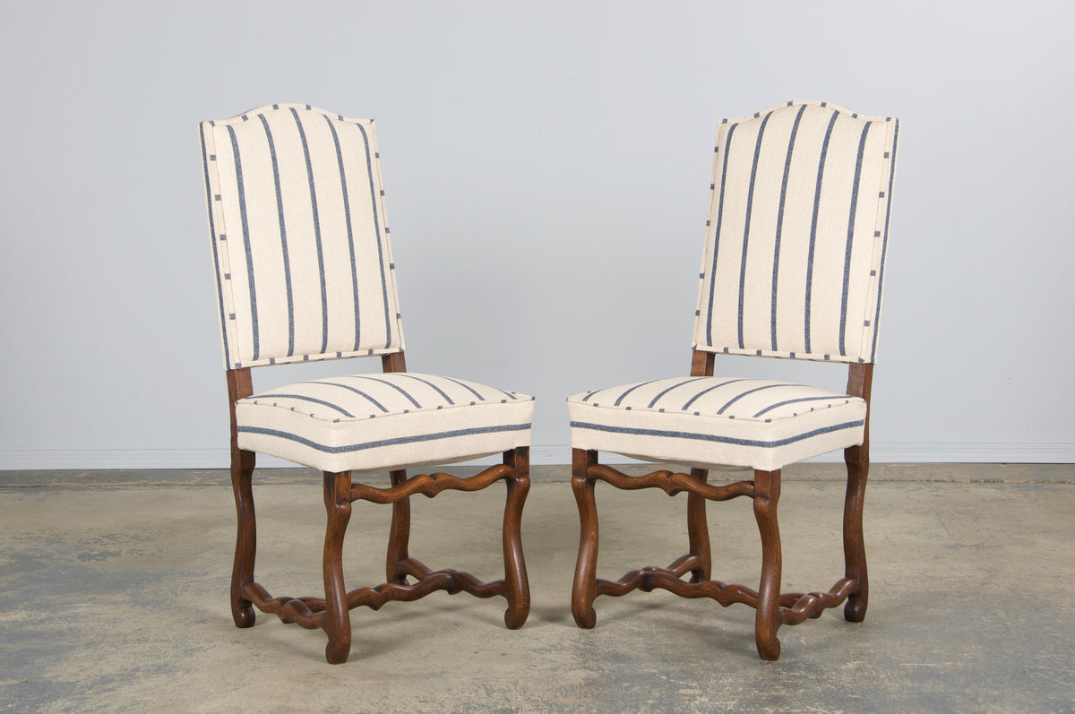 Antique French Louis XIII Style Os De Mouton Oak Dining Chairs in Striped Fabric - Set of 6
