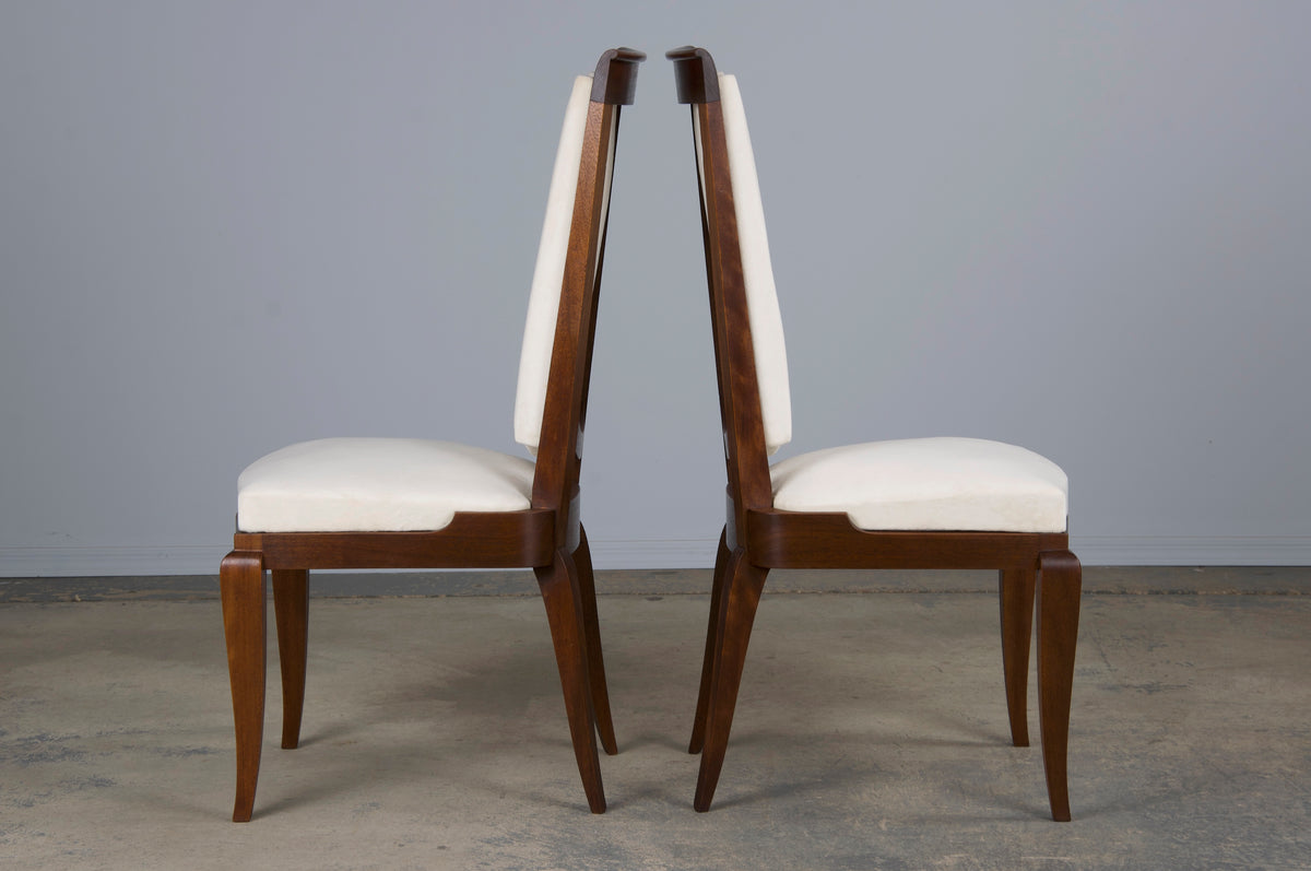 1920s French Art Deco Walnut Dining Chairs W/ Off-White Velvet - Set of 6