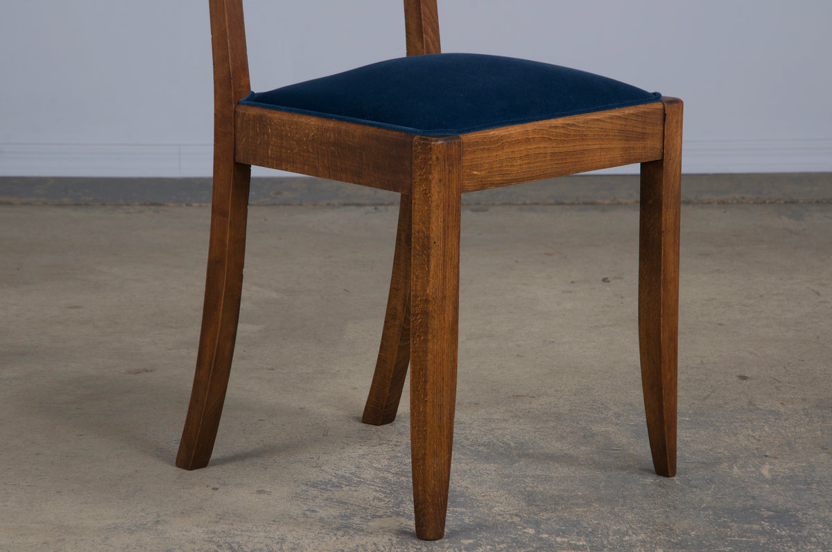 1950s French Art Deco Maple Dining Chairs W/ Dark Blue Velvet - Set of 6