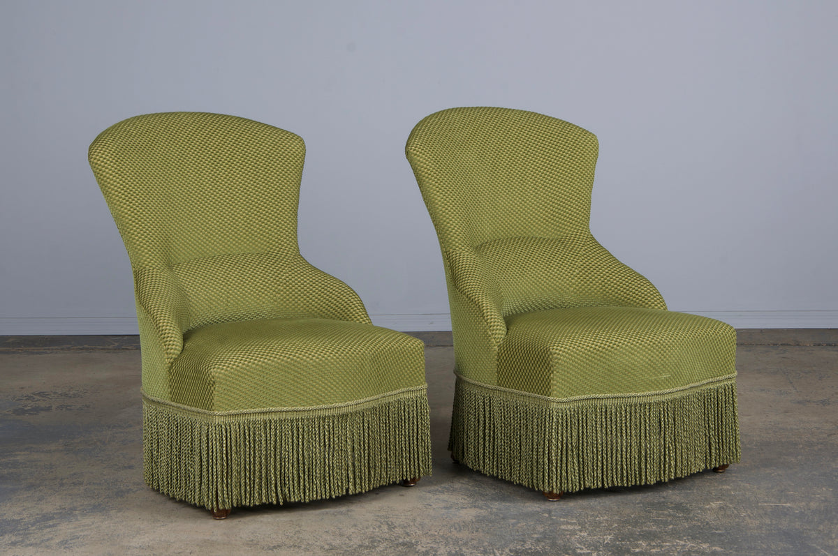 Antique French Napoleon III Style Slipper Chairs W/ Light Green Burnout Velvet - A Pair