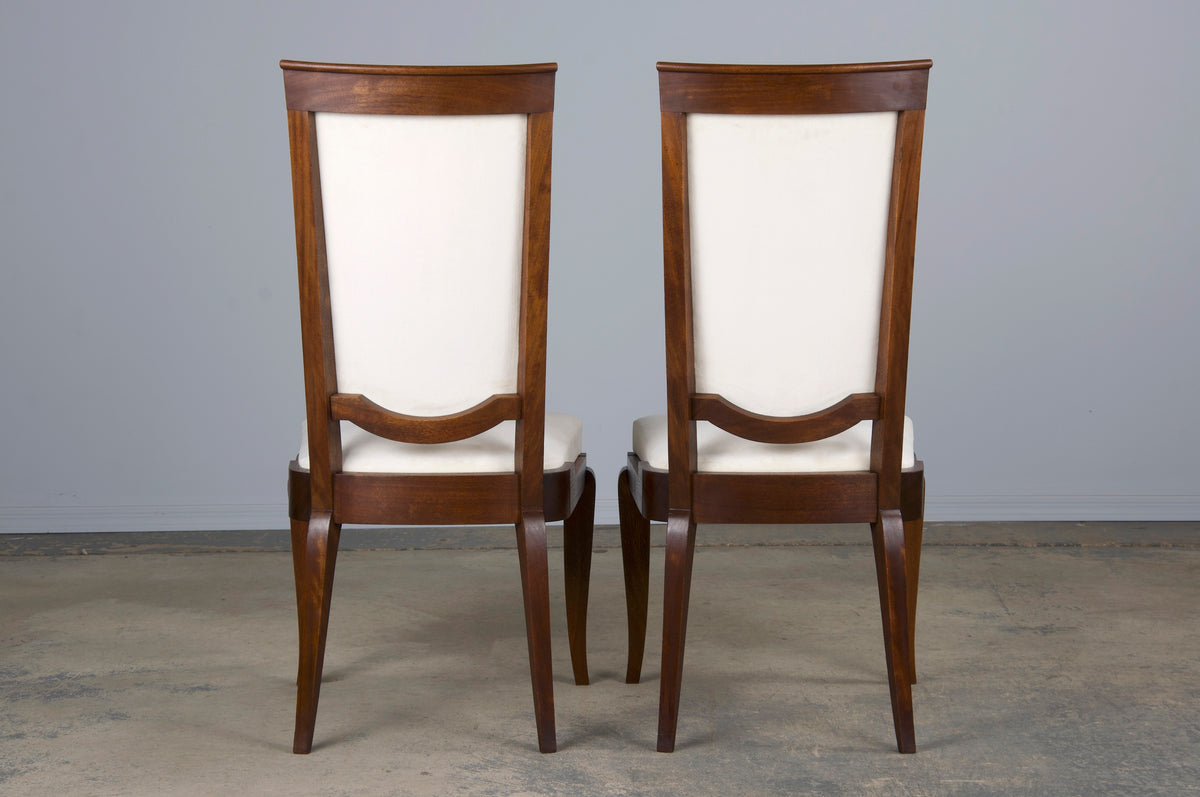 1920s French Art Deco Walnut Dining Chairs W/ Off-White Velvet - Set of 6