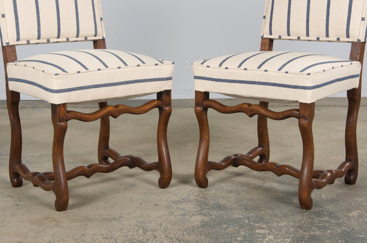 Antique French Louis XIII Style Os De Mouton Oak Dining Chairs in Striped Fabric - Set of 6